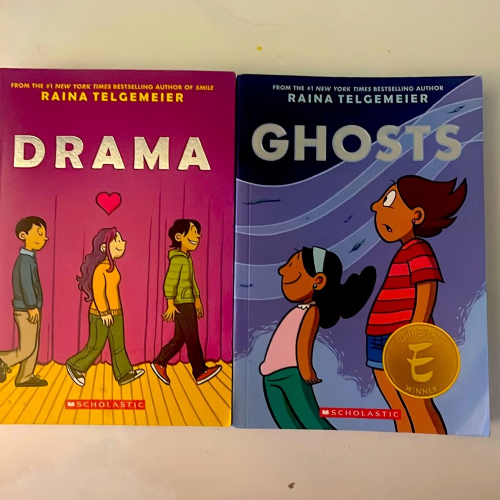 Lot of books by Raina Telgemeier. Includes Ghost and Drama.